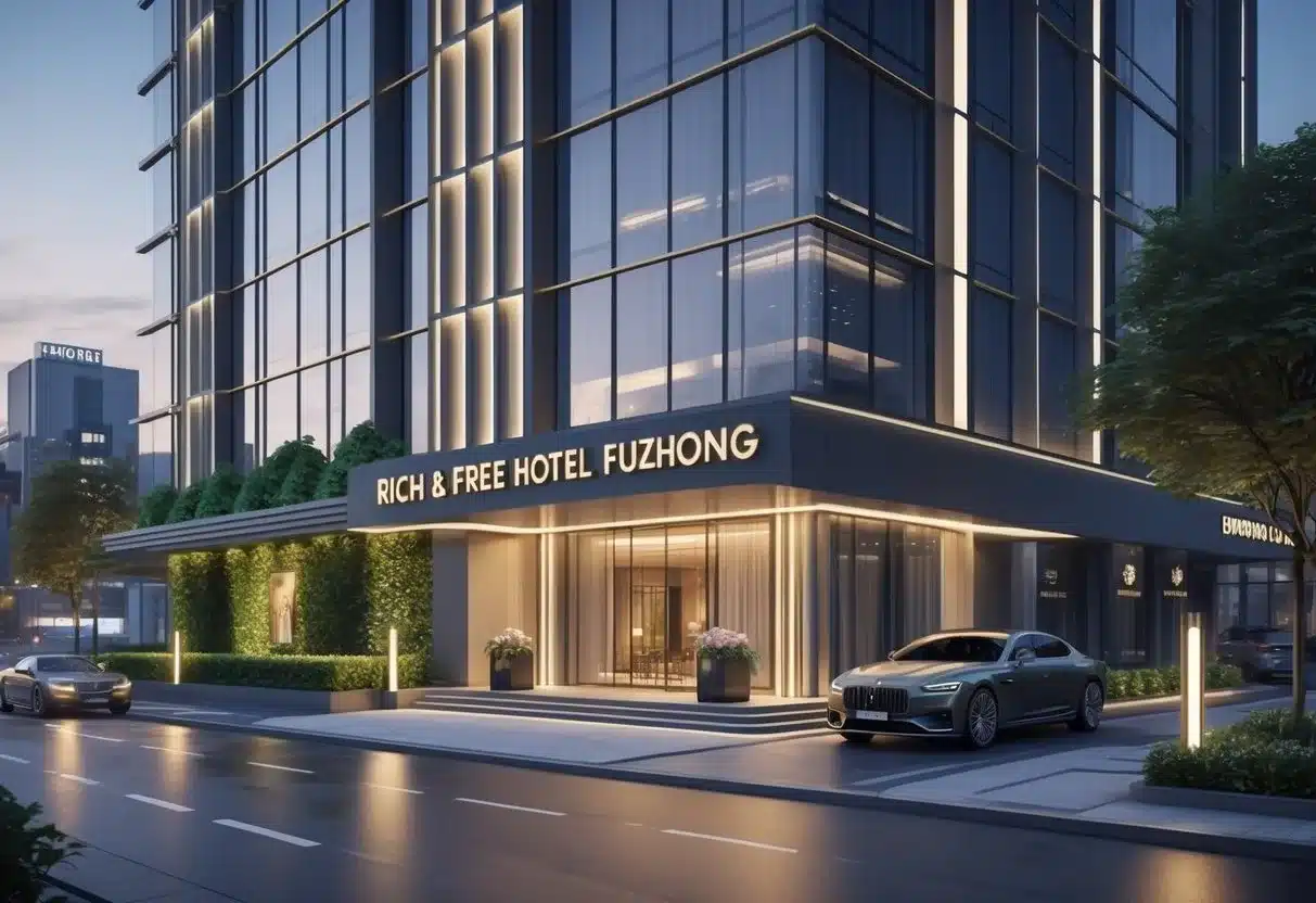 板橋住宿推薦：一座現代豪華飯店的外觀，位於繁華都市區，夜晚燈光柔和，入口處有綠植與車道。