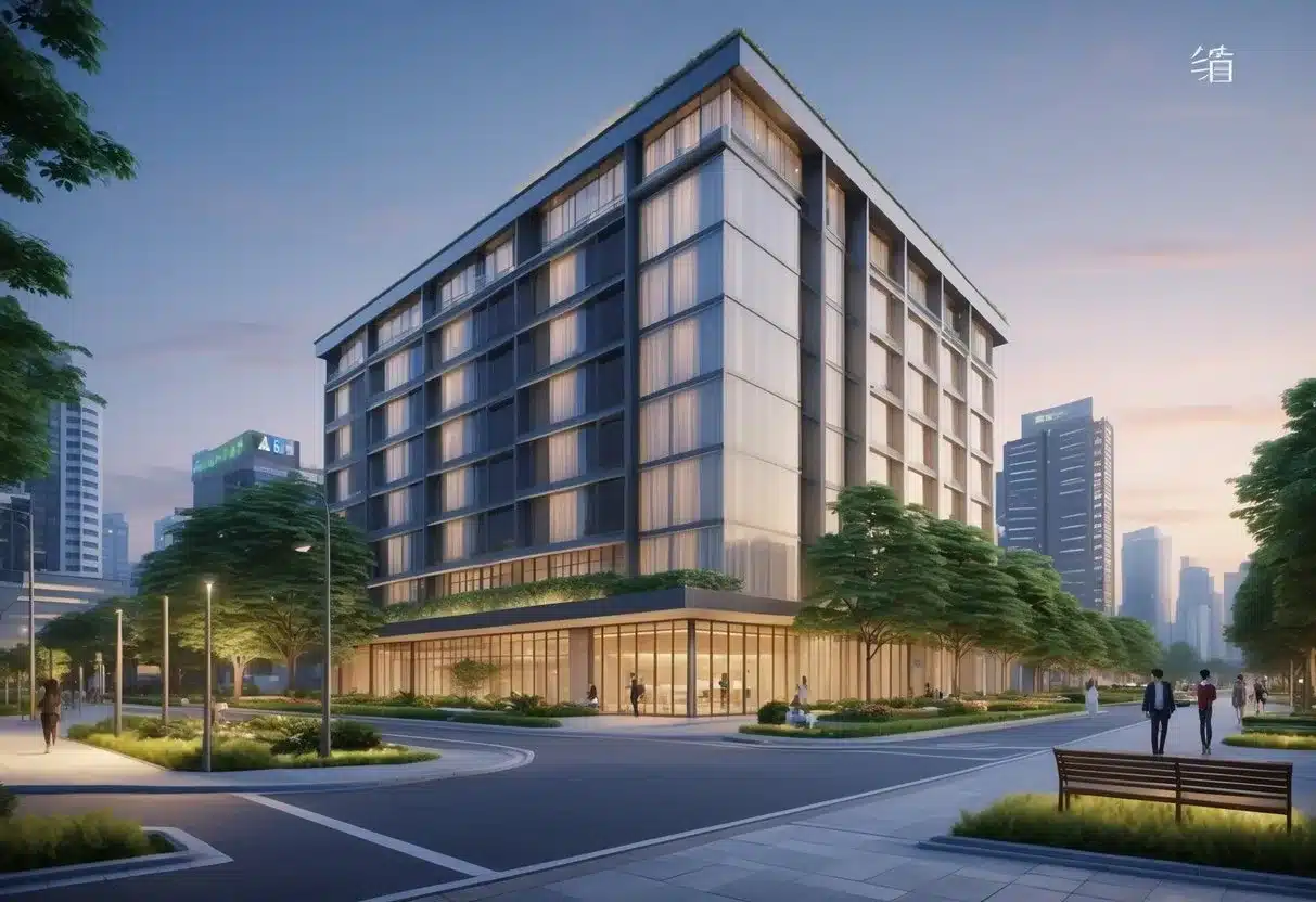 板橋住宿推薦：板橋區現代城市飯店建築，周圍有綠樹和行人，展示舒適宜人的住宿環境。