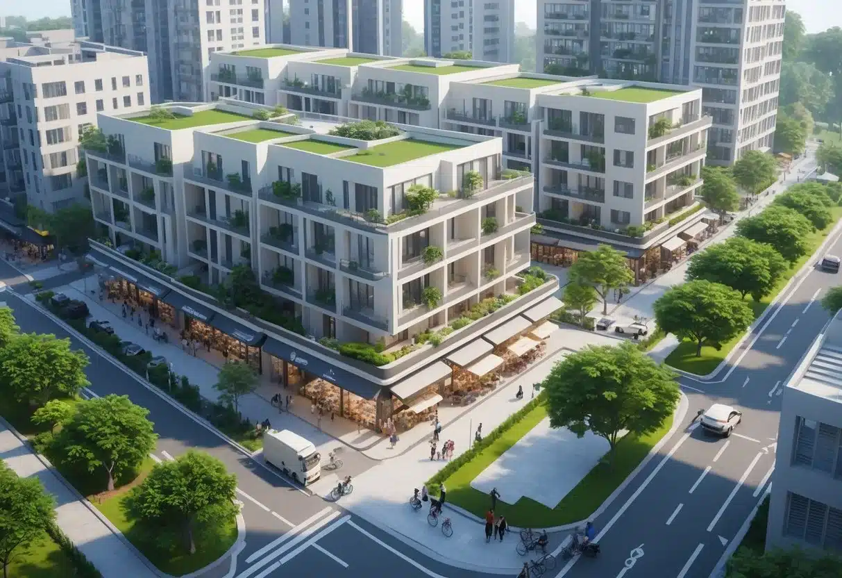 板橋住宿推薦：板橋都市街區，展示住宅建築、商店、公園和行人，呈現便利的生活環境。