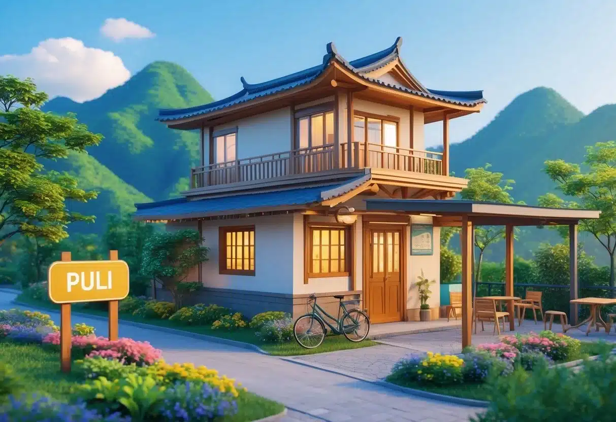 埔里山區中一棟舒適且價格實惠的民宿，周圍有綠色山脈和藍天，前方有通往入口的小路和戶外座位區。埔里住宿便宜