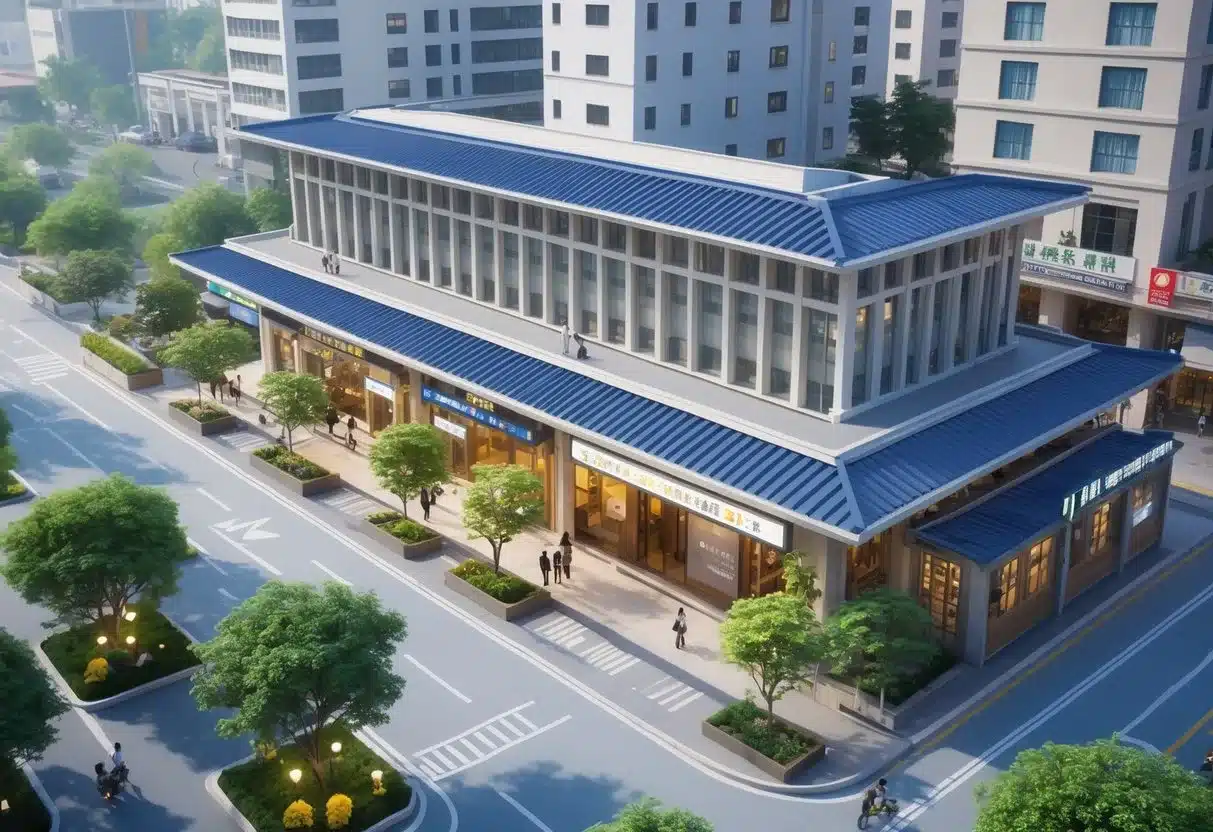 台中火車站住宿推薦：台中火車站周邊的火車站建築和多家飯店，街道上有人行走，周圍有綠樹和公園，展現熱鬧的城市景象。