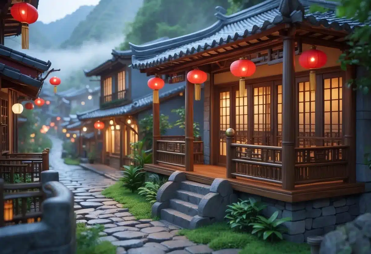 九份住宿推薦：九份山城中的傳統民宿，周圍有紅燈籠、石板路和綠樹，傍晚時分燈光溫暖。