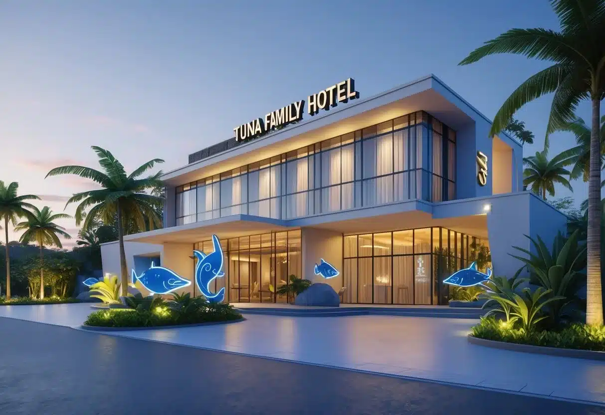 屏東住宿推薦：屏東一棟現代風格的飯店建築，周圍有熱帶植物和棕櫚樹，入口處裝飾有海洋主題元素，燈光柔和，氣氛溫馨宜人。