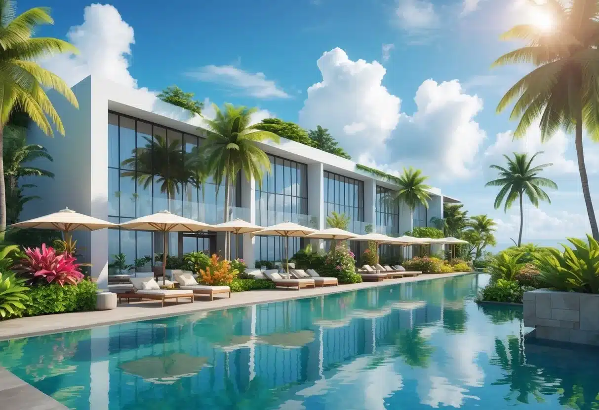 恆春住宿推薦現代精品飯店，周圍環繞著熱帶植物和棕櫚樹，前方有游泳池，背景是晴朗的天空和海洋。