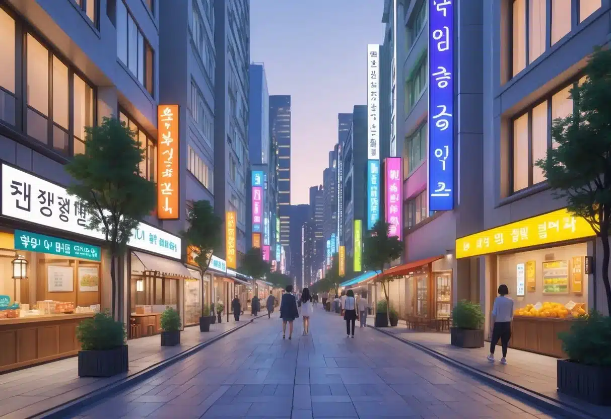 明洞住宿推薦：明洞街道的城市景觀，有高樓大廈、行人和街道燈，展示住宿環境和熱鬧氣氛。